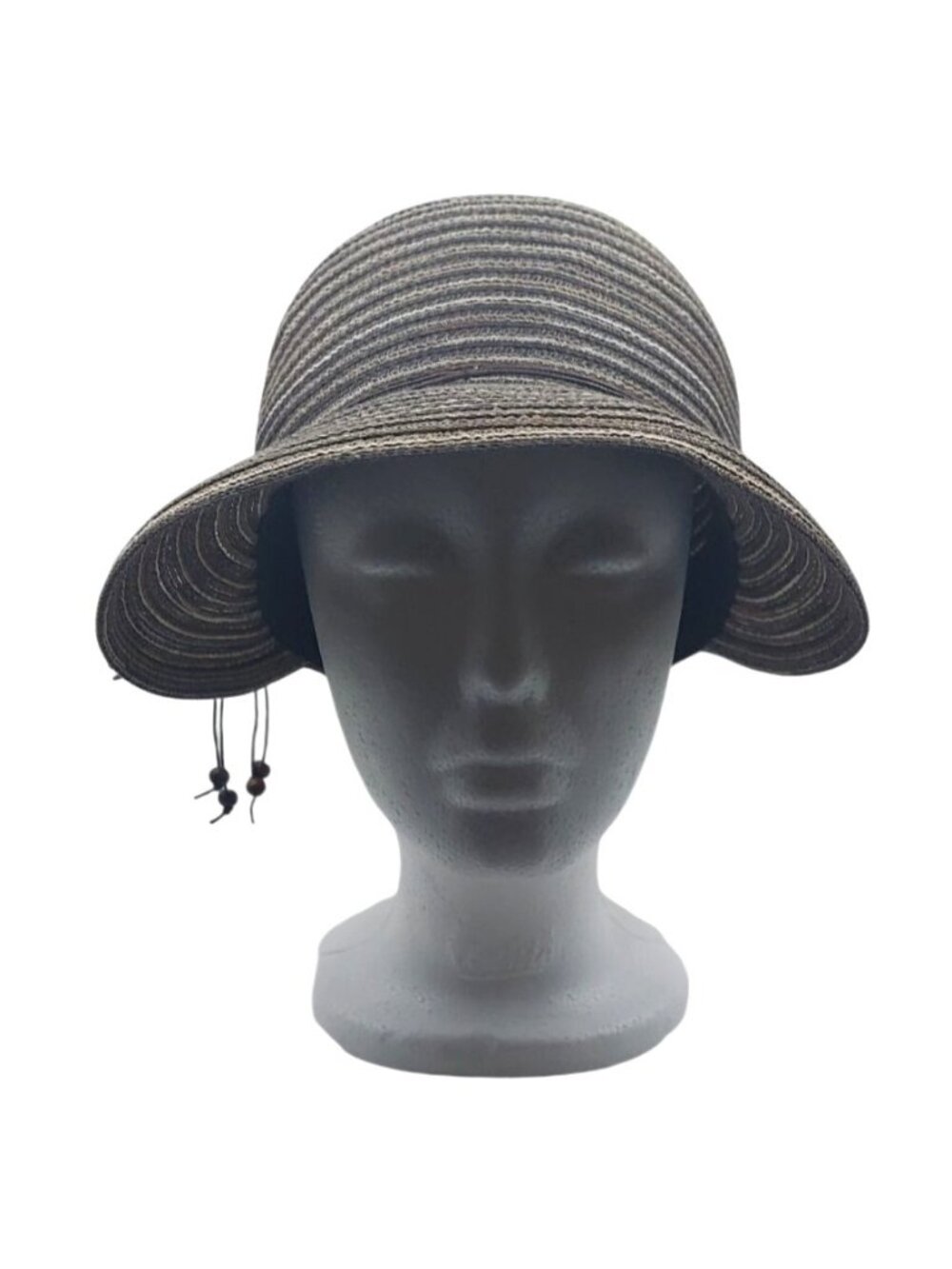 Womens Wide Brim Sun Hat Cap Adjustable Cord Striped Beaded Accents Lightweight